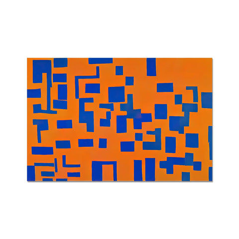 An orange mosaic painting with small orange circles and big blue squares sitting on a piece of