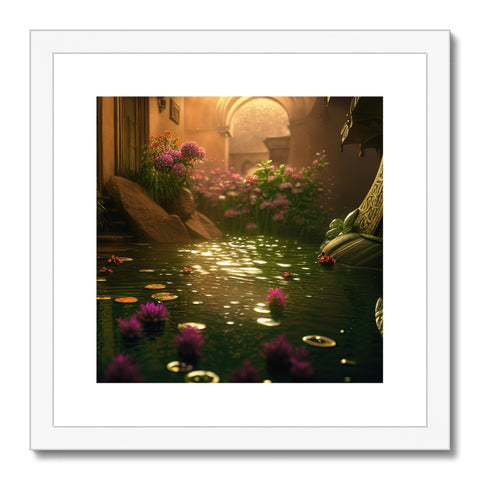 A picture of an art print that shows water lilies in a pool.