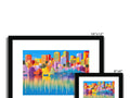 A colorful photo of a cityscape on an art print.