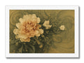 A beautiful gold floral print framed greeting card on a table above a white wall.