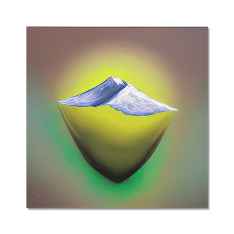 An abstract painting of a mountain range of mountains in the background.