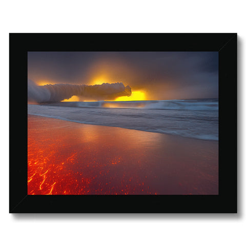a sunset with red flames on a beach close by a black and white rock wall