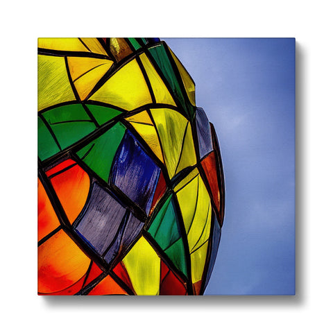 A colorful kite floating over a wood frame under a light light.