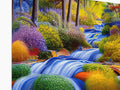 a painting on a wall with colorful background, a painting of a waterfall and trees in