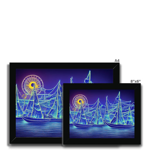Many colorful photo frames of sailboats and buildings with large electronic screens on them.