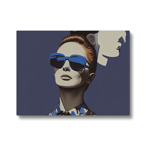 Art painting of a woman with blond hairstyle holding blue beads and sunglasses on her head