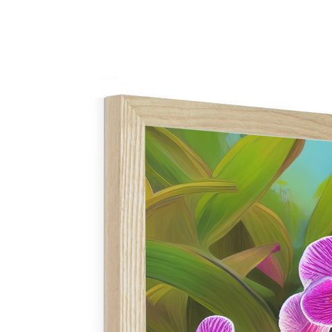 A colorful floral photograph of a beach and water plant hanging on a picture frame.