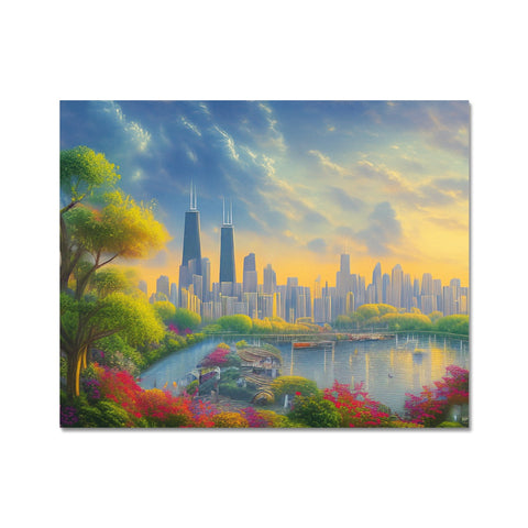 a canvas with a colorful picture of the skyline of Chicago next to a city skyline