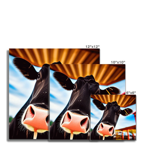 Several cows posing for a picture on a tile floor that is covered in white tiles and