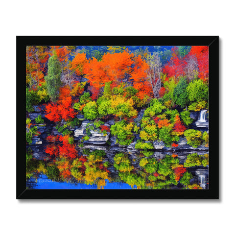 This photo is an art print with fall foliage and water in view.