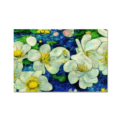 A white hand painted ceramic tile with blue flowers on it