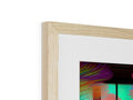 A wooden photo frame that looks out through a window with a black frame on it.