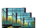 A group of glass panels hanging on various windows and a wall of several different shades,
