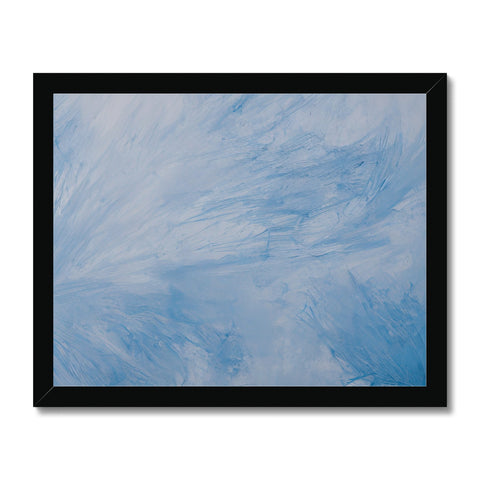 An abstract painting of a blue sky with snow floating down on all sides.