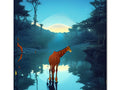 A giraffe is standing among the trees looking at a pond.