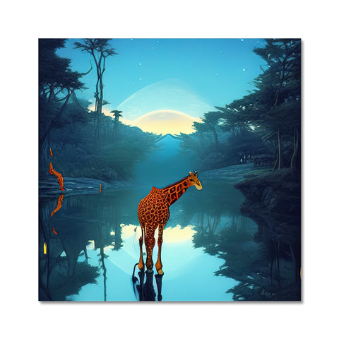 A giraffe is standing among the trees looking at a pond.