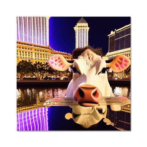 A picture of a fake cow holding a mouse pad on a platform next to a float