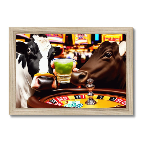 A cow eating from it's hay fed trough at a casino.