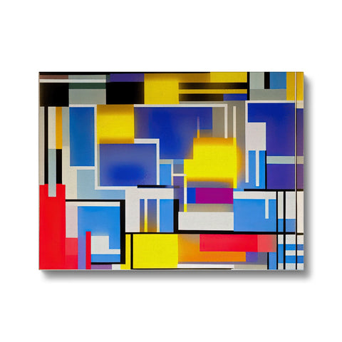 A large, white tile art piece with several different styles of colors on a blue background