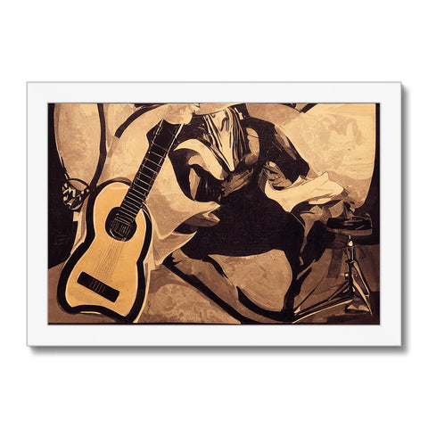 A man holding a guitar and blue and brown art print.