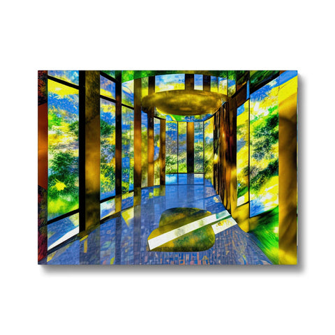 An abstract art print of a forest inside of a sunroom.