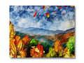 Art print of autumn foliage in a forest with snow covered mountains and mountains in the background