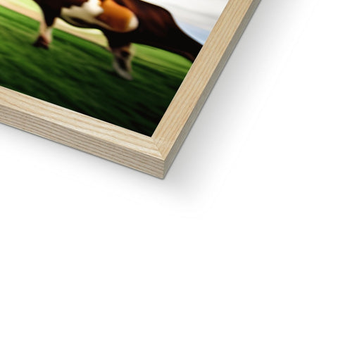 A horse is standing next to a frame with a picture inside the chestnut frame.