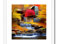 A picture of a painting of fall foliage sitting on top of a small waterfall.