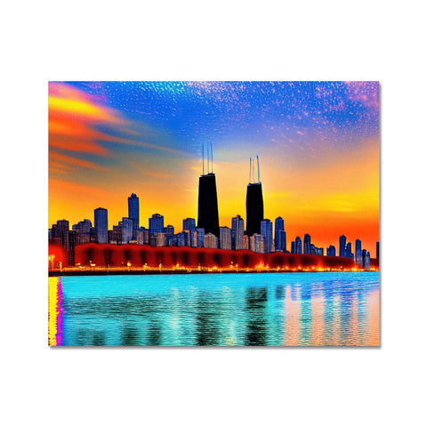 An art print of the Chicago skyline in a place mat with another art print and some