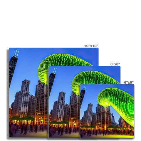 Two identical lighted objects in a two dimensional image of a skyline.