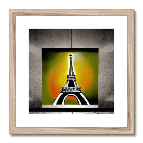 A colorful print of the Eiffel Tower on a framed frame near the glass of