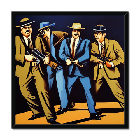 A group of three men standing in back of a poster that has a mobster and