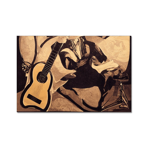 an art print with a guitar on it on a wooden shelf