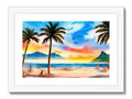 Art print on a beach set over a bright tropical shore.
