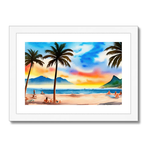 Art print on a beach set over a bright tropical shore.