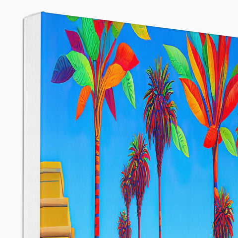 An art print with a palm tree at a tropical beach behind a fountain.