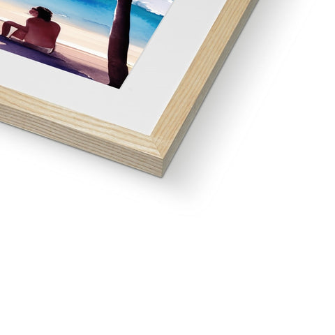 a picture frame with a picture of a woman sitting on the beach in a wooden room