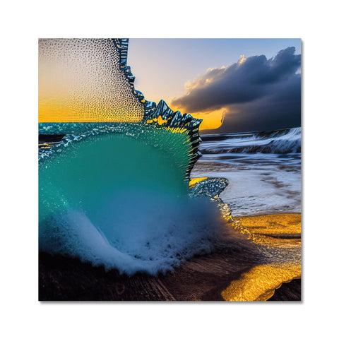 Art print of a boat on a beach with a white wave.