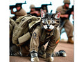A military cat standing in front of an image of a cat officer in a military outfit