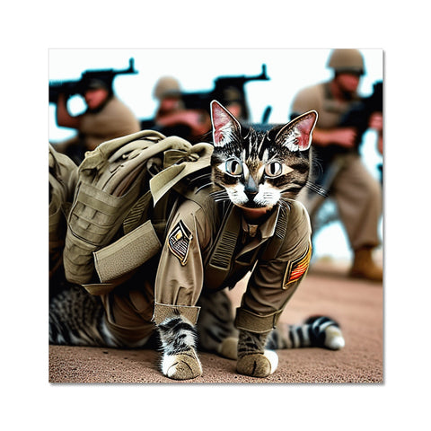 A military cat standing in front of an image of a cat officer in a military outfit