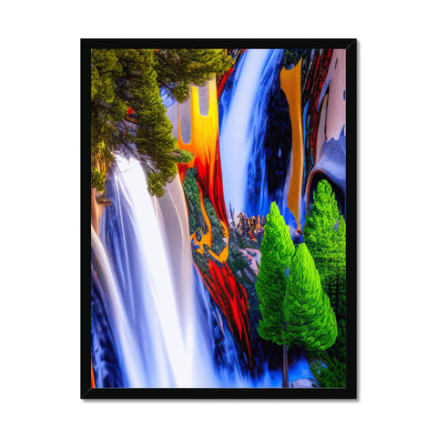 A colorful picture of beautiful waterfall hangs on a framed background on a wall.