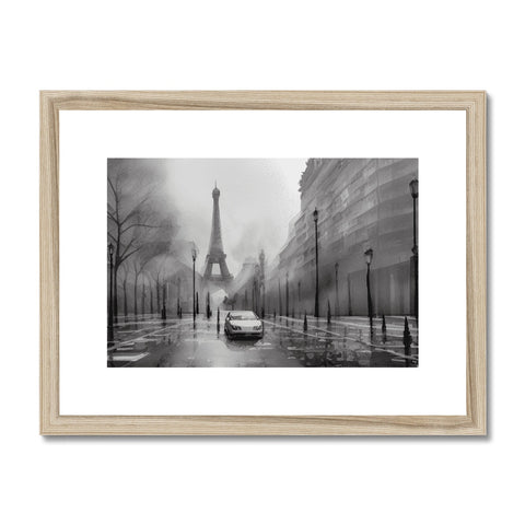 A colorful image of Paris on a black and white framed piece of metal.