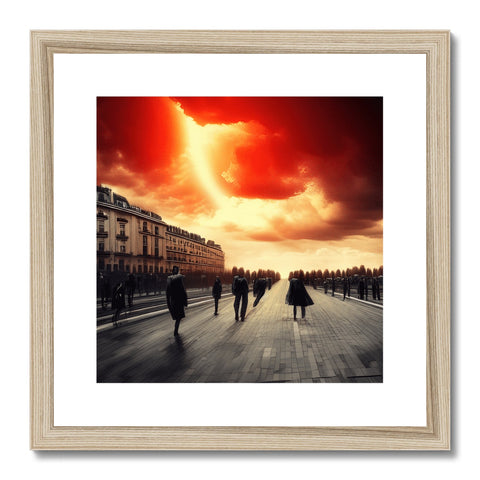 A frame full of art print with a photograph of a sunset and a painting.