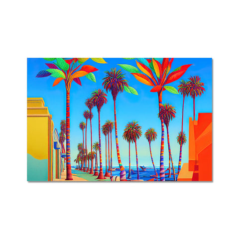 An art print next to a group of palm trees.