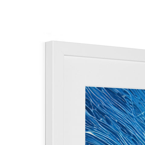 A picture of a blue and white picture frame on a wooden frame with a single image
