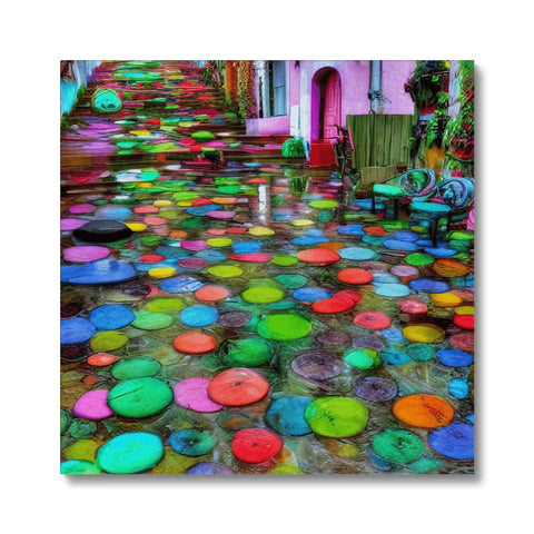 A circle of tile covered in colorful umbrellas with lots of different colors.