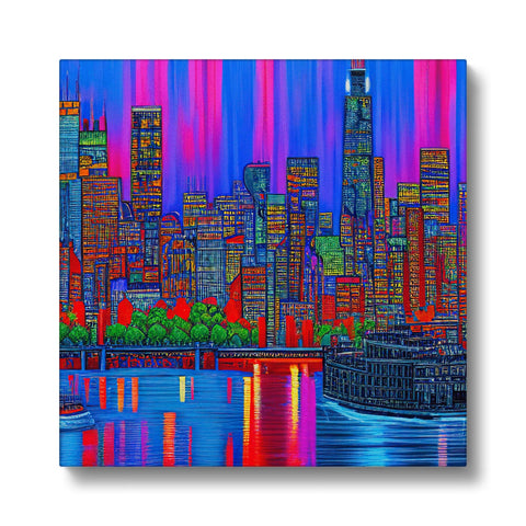 An image of a city skyline view in a colorful art print on an easel.
