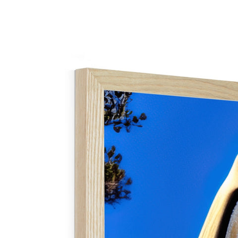 Large picture frame with wood panel and picture of someone standing behind a tree.