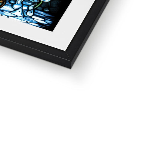 An image is set into a picture frame on a black frame.