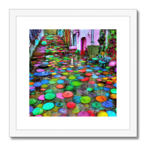 an art print that is on a floor filled with multicolored umbrellas on